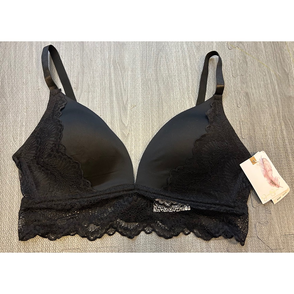 NWT Jessica Simpson Black Lace‎ Trim Plunge Bra 38D Adjustable Padded Wire Free